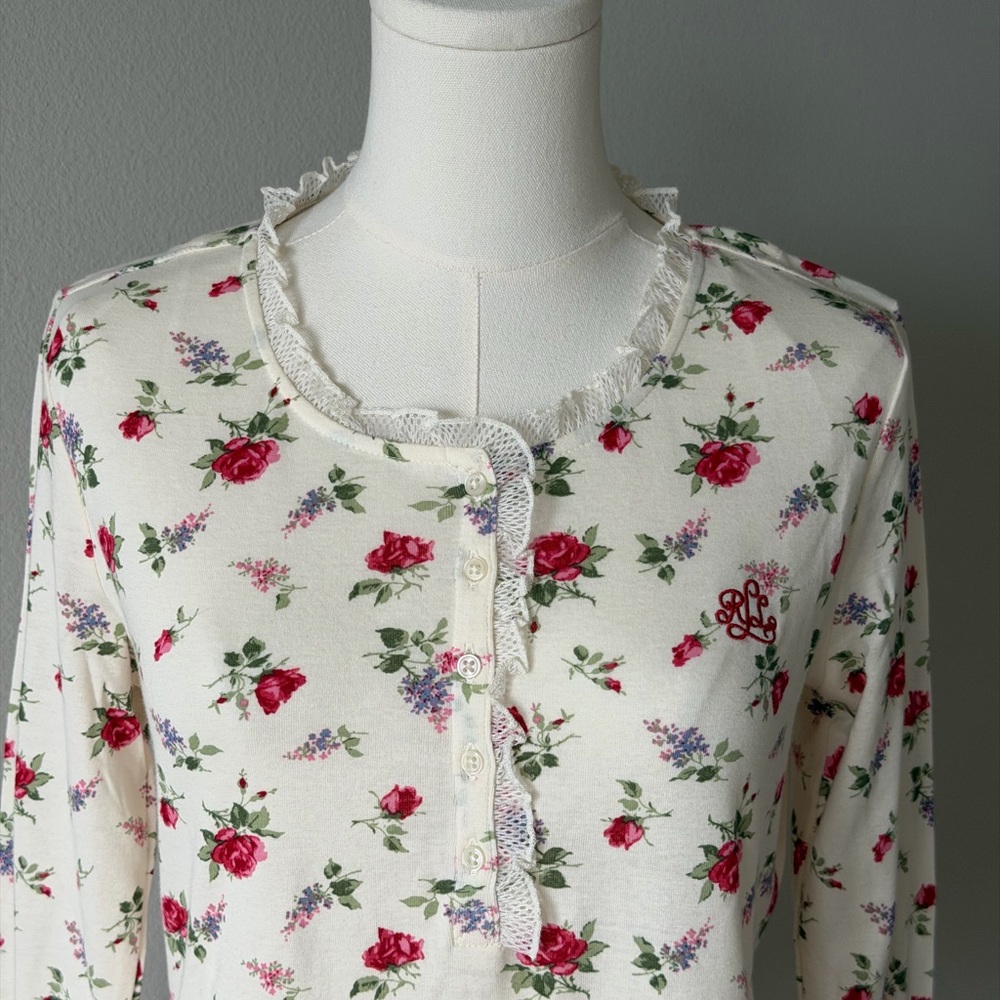 Lauren Ralph Lauren Cream Floral Rose Cotton Pajama Set-Romantic Sleepwear-S - Picture 5 of 16
